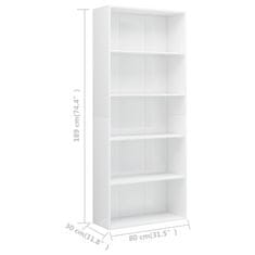 Vidaxl 5-poschodová knižnica lesklá biela 80x30x189 cm drevotrieska