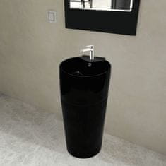 Petromila vidaXL Čierne stojace okrúhle keramické umývadlo do kúpeľne s prepadom a otvorom na batériu