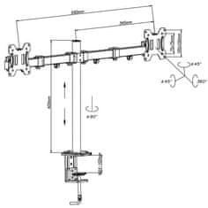 Lindy Držiak pre 2xLCD monitor na stôl, výš. nast. do 40cm, max 7kg, 2 kĺby, rameno 34cm, VESA 75/100mm