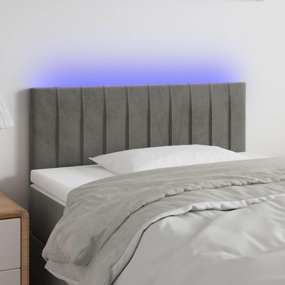 Vidaxl Čelo postele s LED bledosivé 100x5x78/88 cm zamat