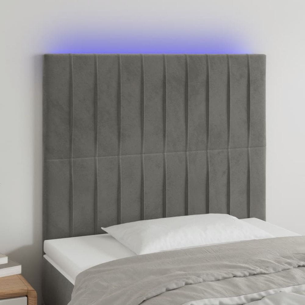 Vidaxl Čelo postele s LED bledosivé 90x5x118/128 cm zamat