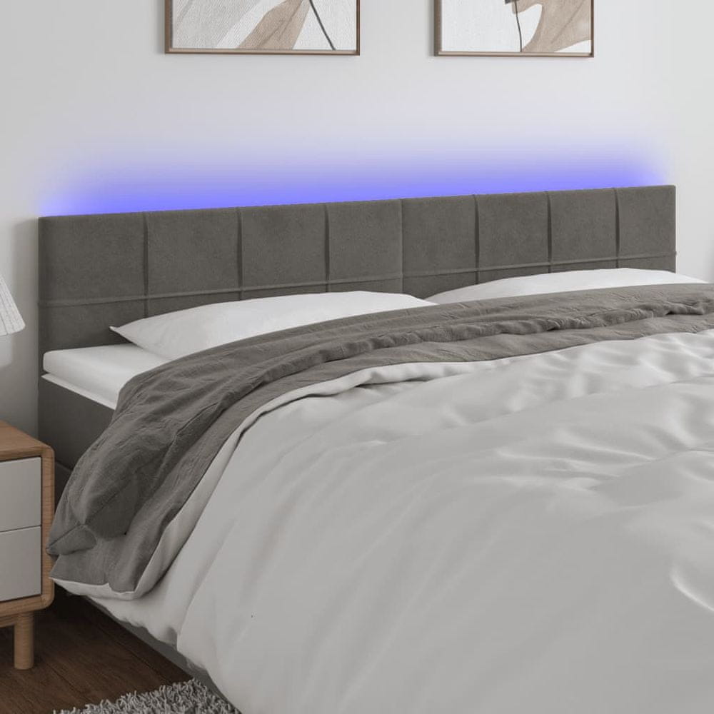 Vidaxl Čelo postele s LED tmavosivé 180x5x78/88 cm zamat