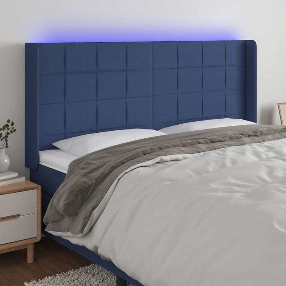 Vidaxl Čelo postele s LED modré 183x16x118/128 cm látka