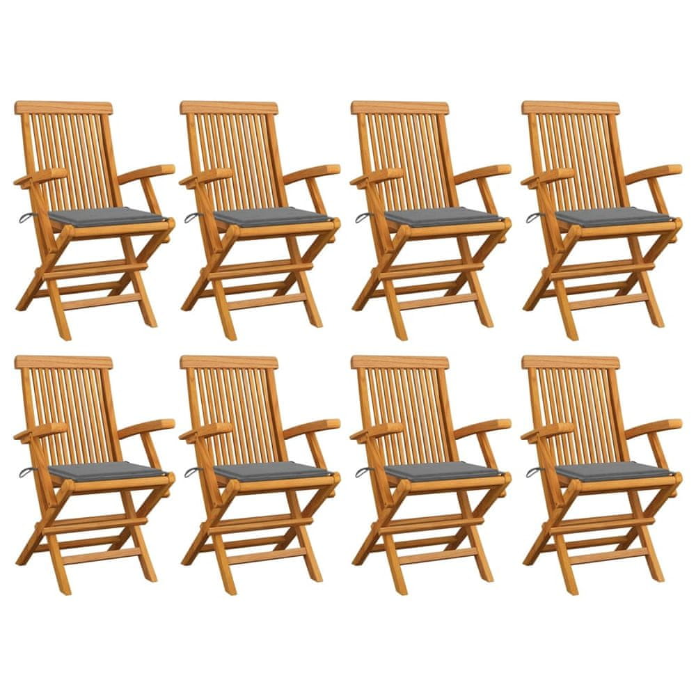 Vidaxl Záhradné stoličky so sivými podložkami 8 ks tíkový masív