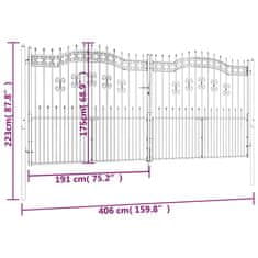Vidaxl Plotová brána s hrotmi čierna 406x223 cm práškovaná oceľ