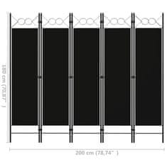 Vidaxl Paraván s 5 panelmi, čierny 200x180 cm