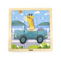 Viga Toys Praktické drevené puzzle Žirafa v aute 9 dielikov