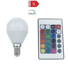 Diolamp SMD LED žiarovka Ball P45 4W/230V/E14/RGB+3000K/300Lm/120°/Dim/diaľkový ovládač