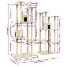 Vidaxl Škrabadlo pre mačky so sisalovými stĺpikmi, krémové, 174 cm
