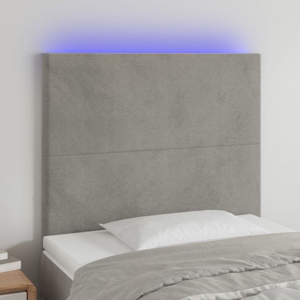 Vidaxl Čelo postele s LED bledosivé 90x5x118/128 cm zamat