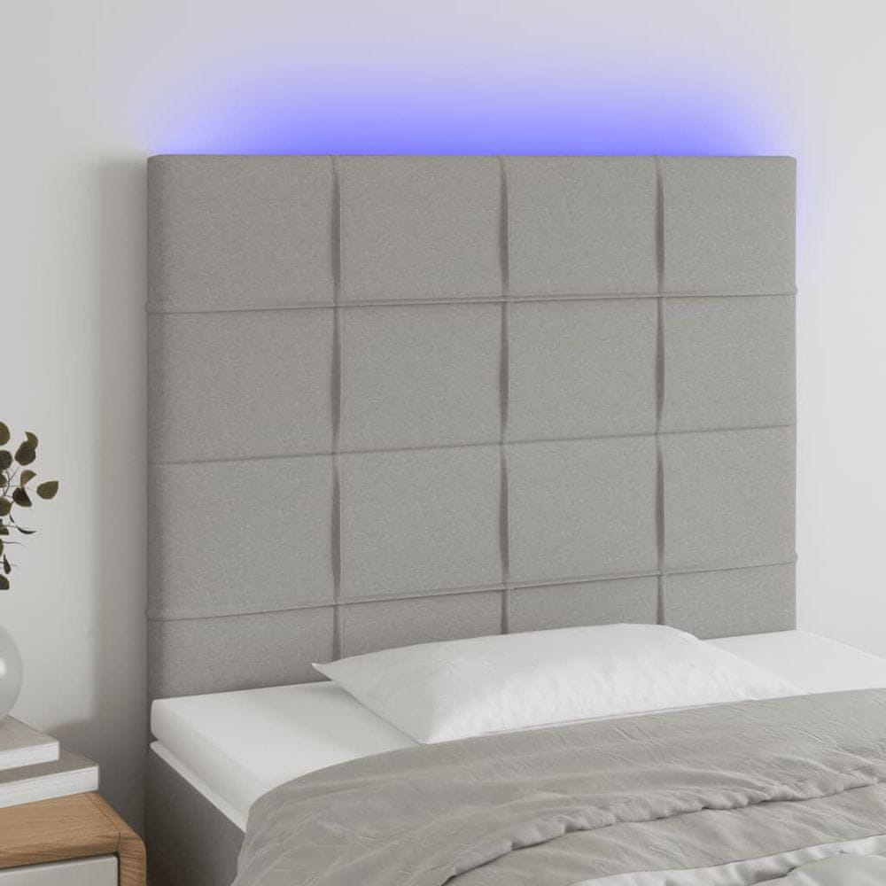 Vidaxl Čelo postele s LED bledosivé 100x7x118/128 cm látka