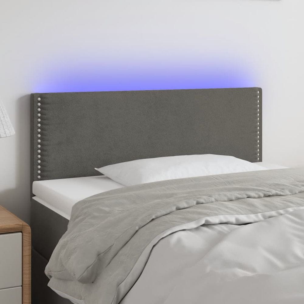 Vidaxl Čelo postele s LED tmavosivé 90x5x78/88 cm zamat