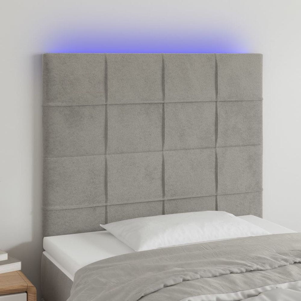 Vidaxl Čelo postele s LED bledosivé 90x5x118/128 cm zamat
