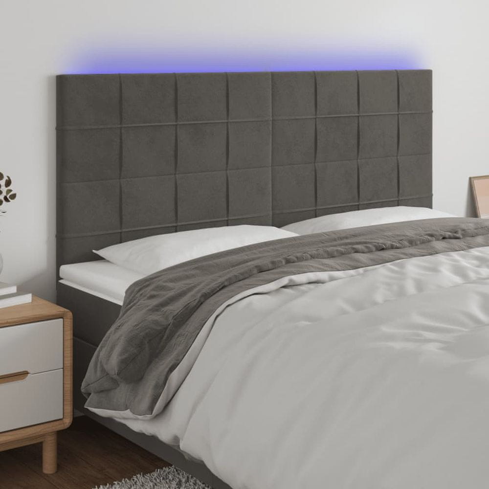 Vidaxl Čelo postele s LED tmavosivé 200x5x118/128 cm zamat