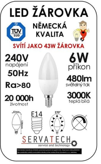 Symfony LED žiarovka sviečka C30 6W / 43W 240V E14 480lm 270° 20.000h teplá biela