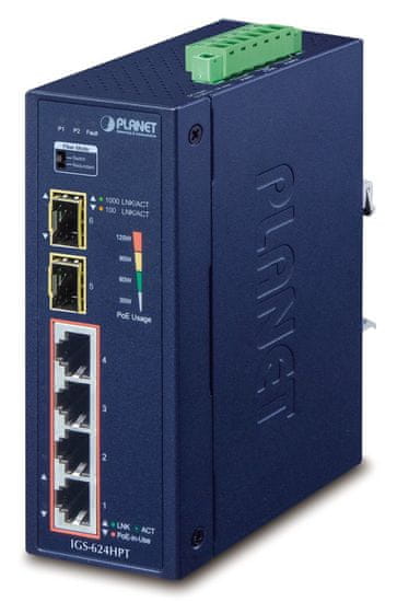 Planet IGS-624HPT Priemyselný Switch 4x 1Gb RJ-45 + 2x 1Gb SFP, PoE+ 802.3at 36/120W, IP40, DC12-56V, -40/+75°C, fanless