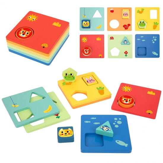 Tooky Toy Montessori puzzle Tvary a farby Zvieratá 6 dosiek FSC