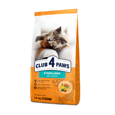 Club4Paws Premium Pre sterilizované mačky s lososem 14kg + 1x set Club4Paws s hovädzim mäsom 340g