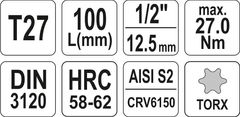 YATO Nadstavec predĺžený 1/2" bit Torx T27