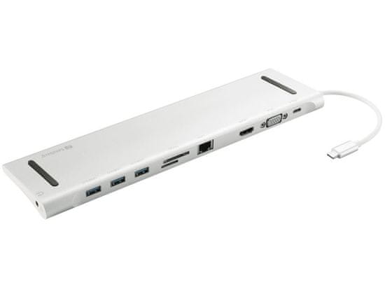 Sandberg USB-C 10v1 dokovacia stanica, HDMI+3xUSB+RJ45+VGA+TF/SD+jack+USB-C(100W), strieborný