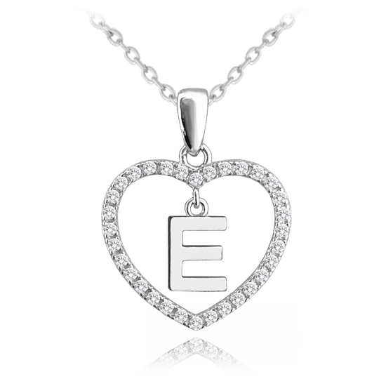 MINET Strieborný náhrdelník písmeno v srdci "E" so zirkónmi