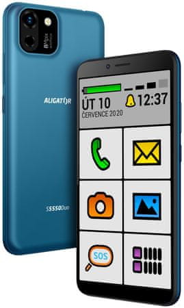 Aligator S5550 Duo SENIOR, dostupný smartphone inteligentný telefón pre seniorov pre zrakovo postihnutých zjednodušené ovládanie špeciálne užívateľské prostredie LTE pripojenie dostupný, elegantný, veľký displej, 4G LTE, Android 11 Go odomykanie tvárou LED svietidlo fotoaparát SOS locator SOS tlačidlo privolanie pomocou veľkej ikony Big Launcher dotykový telefón pre seniorov