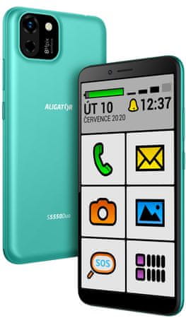 Aligator S5550 Duo SENIOR, dostupný smartphone inteligentný telefón pre seniorov pre zrakovo postihnutých zjednodušené ovládanie špeciálne užívateľské prostredie LTE pripojenie dostupný, elegantný, veľký displej, 4G LTE, Android 11 Go odomykanie tvárou LED svietidlo fotoaparát SOS locator SOS tlačidlo privolanie pomocou veľkej ikony Big Launcher dotykový telefón pre seniorov