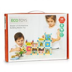 EcoToys Drevené stavebné kocky 6v1 House hnedé