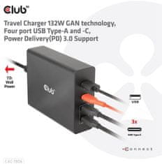 Club 3D síťová nabíječka, GAN technologie, 4xUSB-A a USB-C, PD 3.0 Support, 132W , čierna