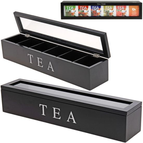 Excellent Houseware Drevená Krabička Na Čaj Tea Box 6 Priehradiek Podlhovastá Čierna