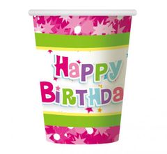GoDan Papierové ružové poháre Happy Birthday - 6 ks / 270 ml