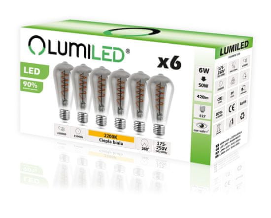 LUMILED 6x LED žiarovka E27 SMOKY ST64 6W = 50W 420lm 2200K Teplá biela 360°