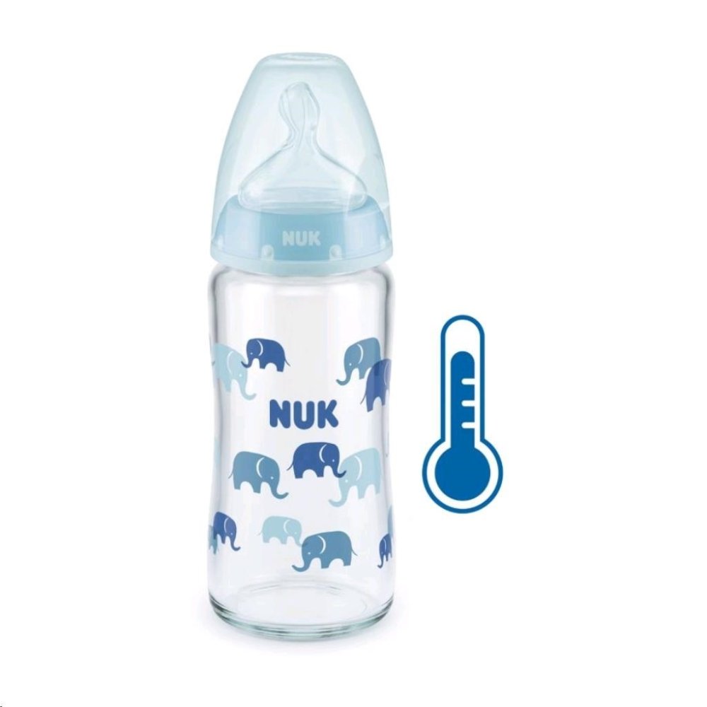 Nuk Sklenená dojčenská fľaša NUK First Choice s kontrolou teploty 240 ml modrá