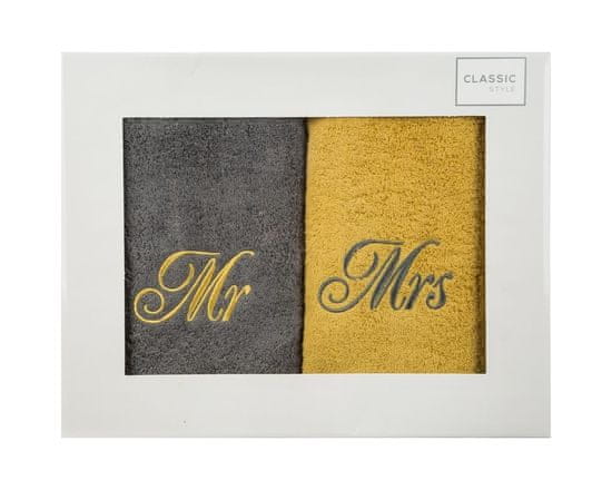 DESIGN 91 Darčekové balenie uterákov Mr & Mrs – šedá, žltá 70 x 140 cm