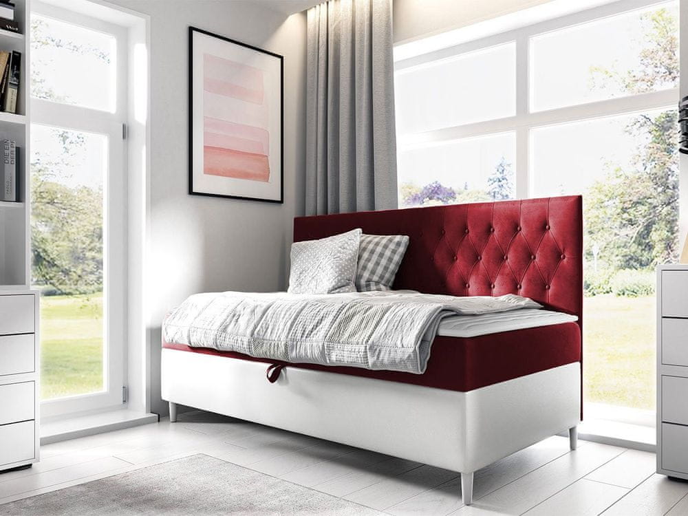 Veneti Boxspringová jednolôžková posteľ 90x200 PORFIRO 2 - biela ekokoža / červená + topper ZDARMA