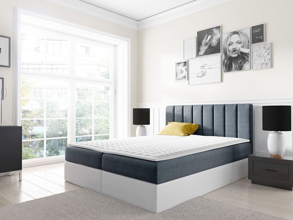 Veneti Kontinentálna manželská posteľ 180x200 VICTORO - biela eko koža / modrá + topper ZDARMA