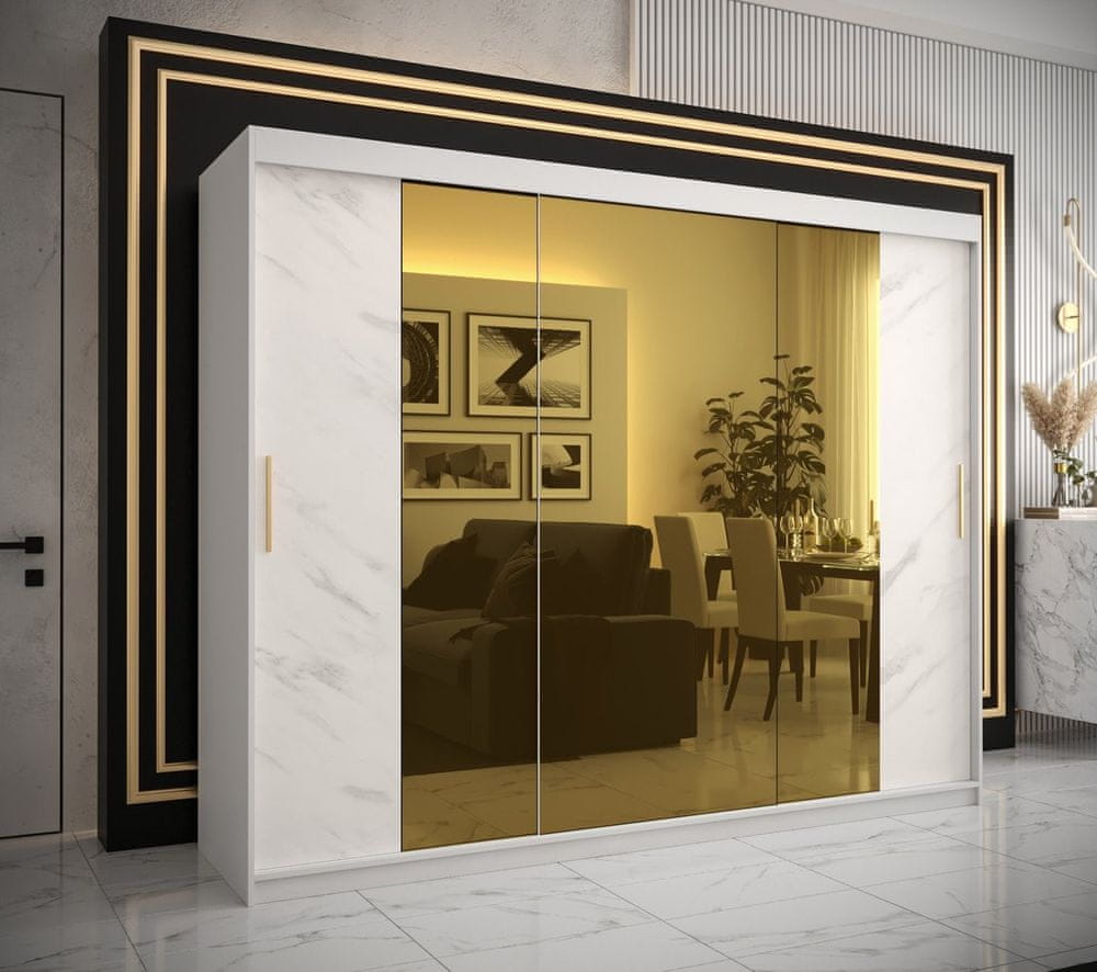 Veneti Dizajnová šatníková skriňa so zlatým zrkadlom MADLA 2 - šírka 250 cm, biela