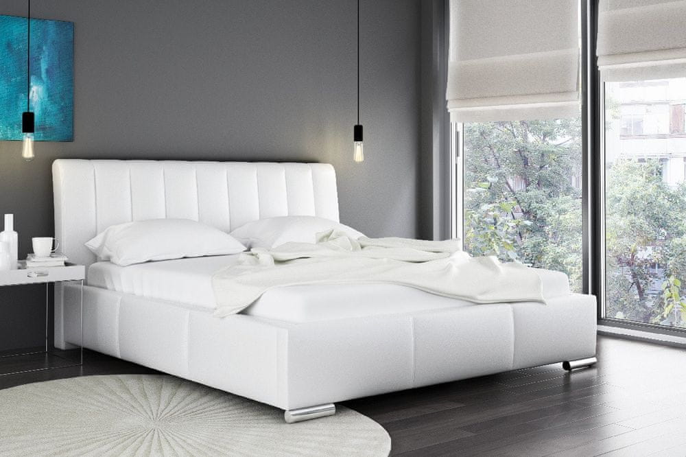 Veneti Elegantná posteľ Malone s vysokým čelom a úložným priestorom biela eko koža 200 x 200