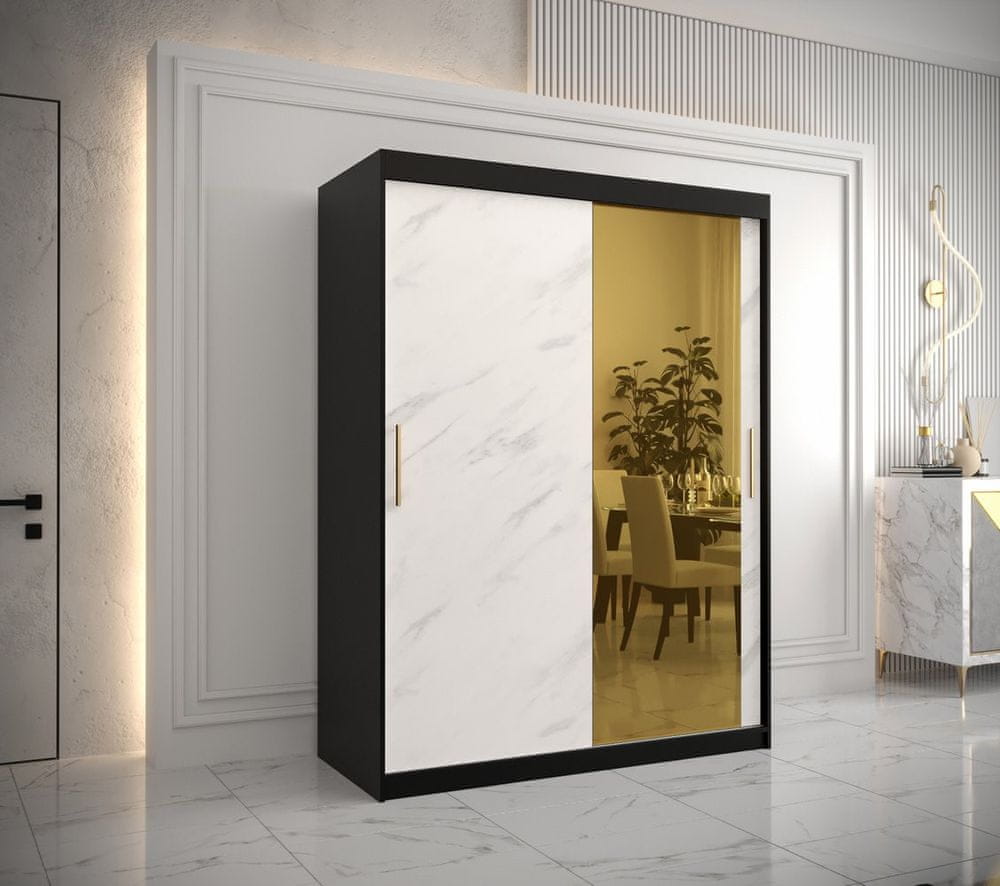 Veneti Dizajnová šatníková skriňa so zlatým zrkadlom MADLA 2 - šírka 150 cm, čierna / biela