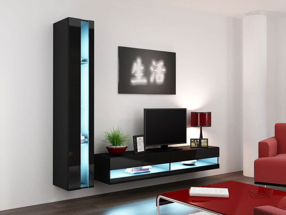 Veneti Stena do obývacej izby s LED bielym osvetlením ASHTON N8 - čierna / lesklá čierna