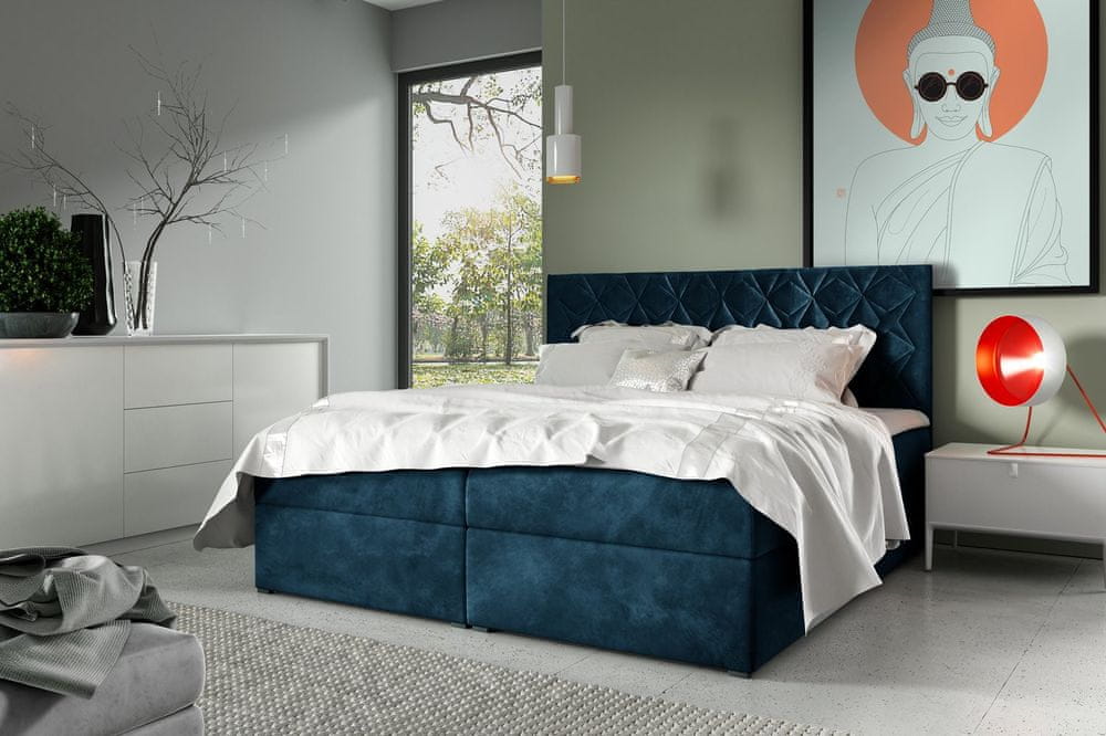 Veneti Boxspringová posteľ s prešívaným čelom EUGENA - 180x200, modrá + topper ZDARMA