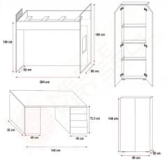 Veneti Posteľ s písacím stolom do detskej izby RENI 4 - 80x200, biela / tyrkysová