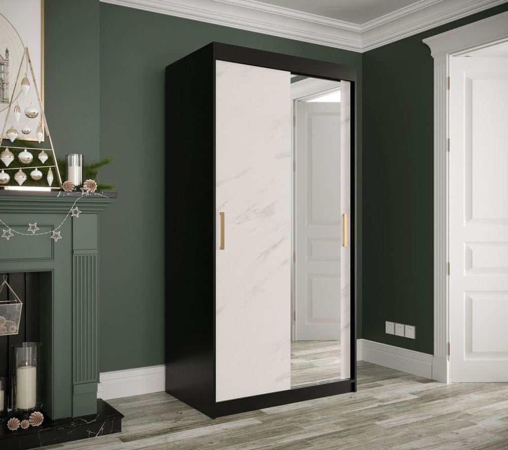Veneti Zrkadlová skriňa s posuvnými dverami MAREILLE 3 - šírka 100 cm, čierna / biely mramor