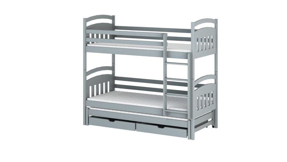 Veneti Poschodová posteľ so šuplíkmi a prístelkou ABAYOMI - 90x200, šedá