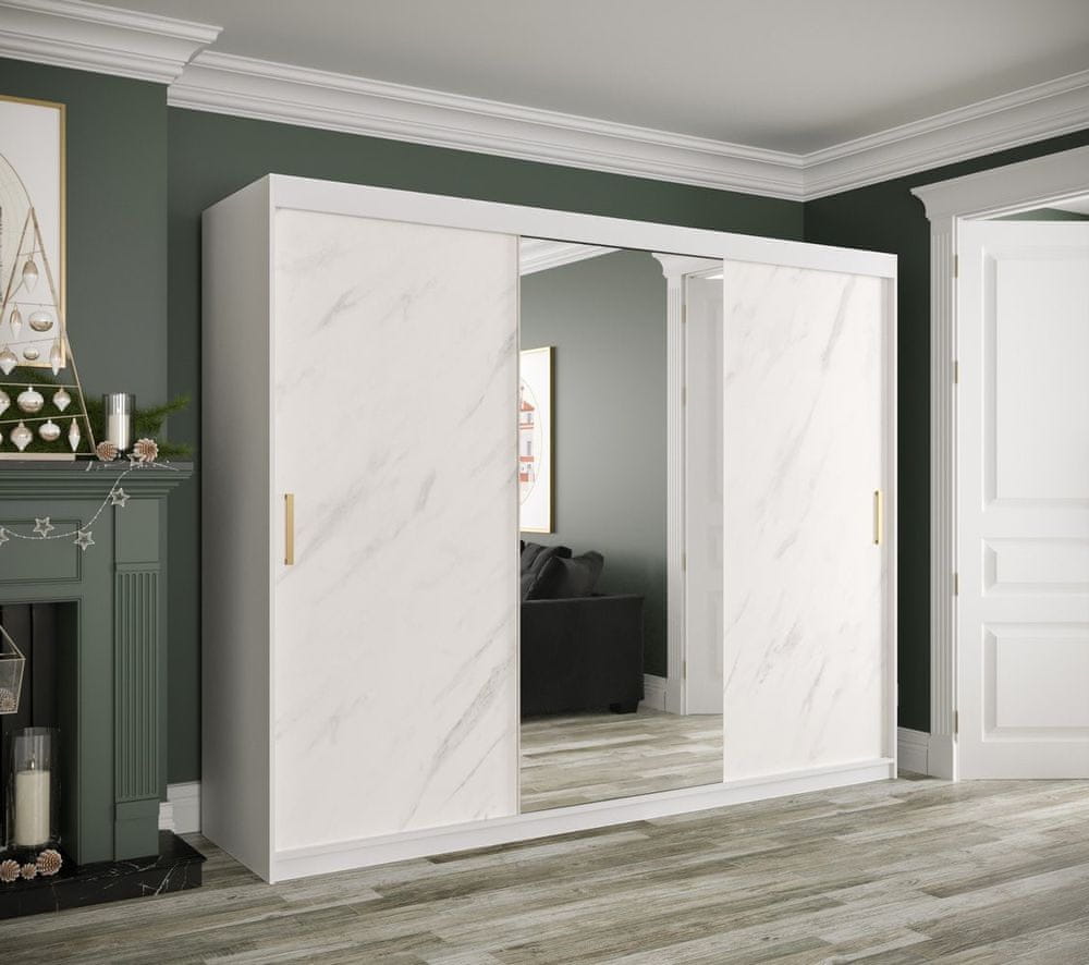 Veneti Zrkadlová skriňa s posuvnými dverami MAREILLE 2 - šírka 250 cm, biela / biely mramor