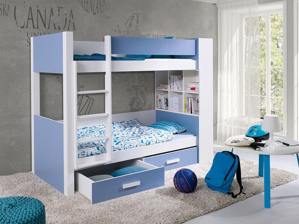 Veneti Detská poschodová posteľ so šuplíkmi 90x200 LEUN - biela / modrá, pravé prevedenie