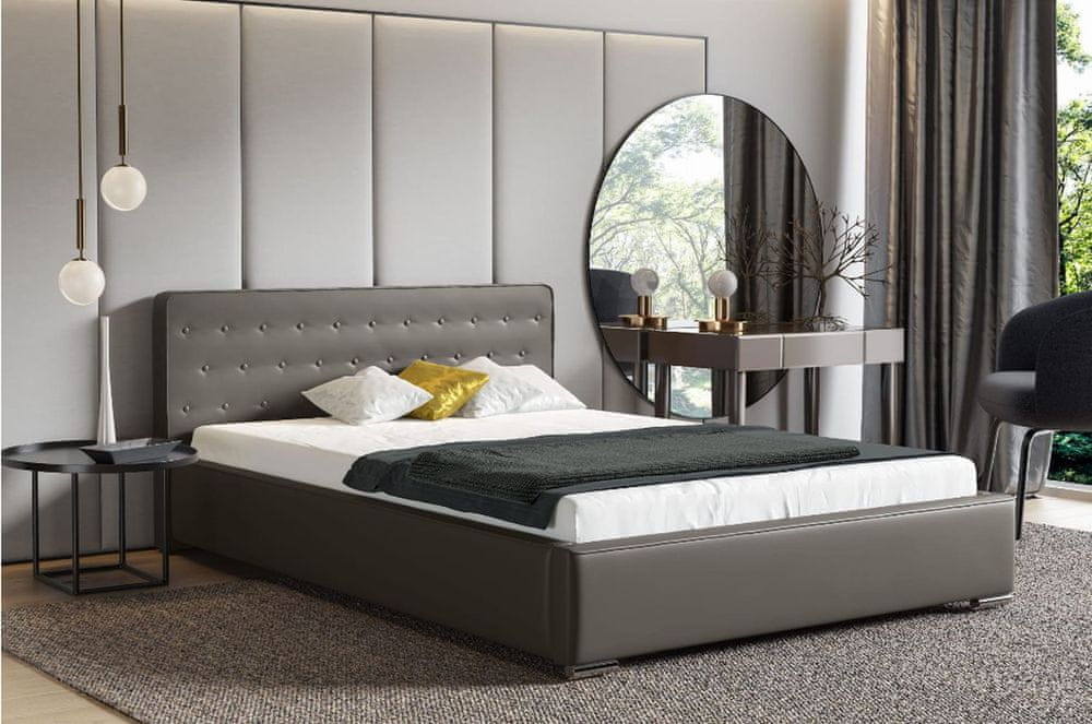 Veneti Moderná čalúnená posteľ s úložným priestorom 180x200 BERGEN - sivá ekokoža
