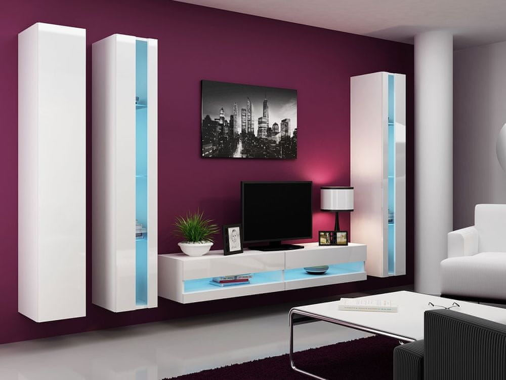 Veneti Stena do obývacej izby s LED modrým osvetlením ASHTON N6 - biela / lesklá biela
