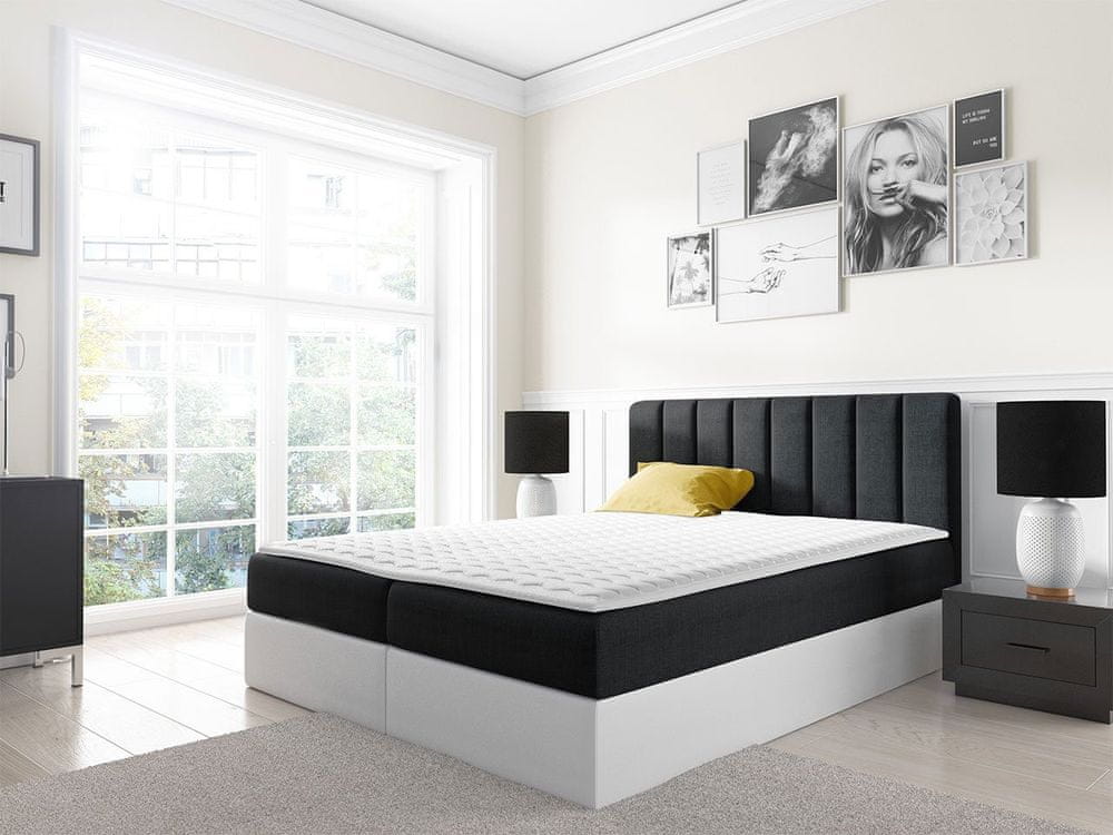 Veneti Kontinentálna manželská posteľ 160x200 VICTORO - biela eko koža / čierna + topper ZDARMA