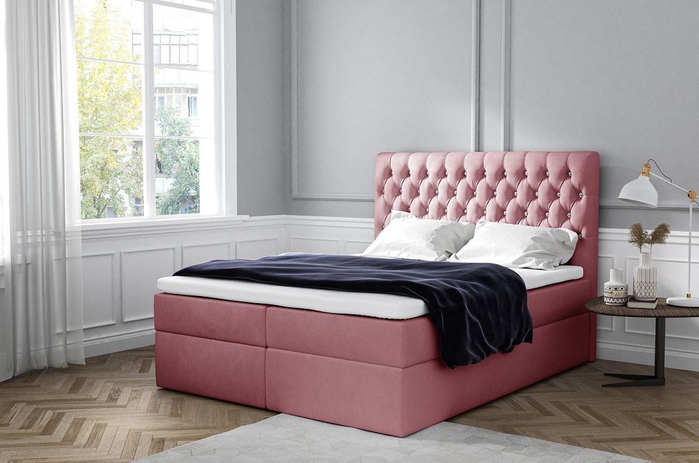 Veneti Elegantná čalúnená posteľ Mandy s úložným priestororm ružová 180 x 200 + topper zdarma